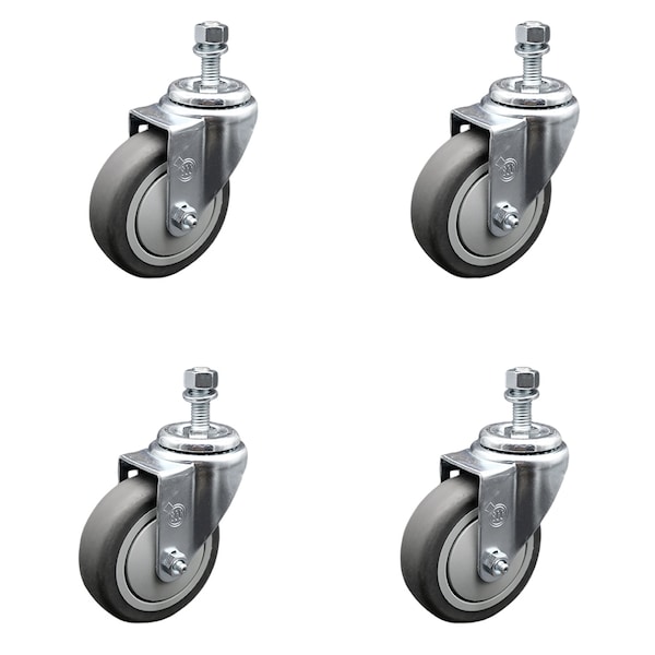 4 Inch SS Thermoplastic Rubber Wheel Swivel 1/2 Inch Threaded Stem Caster Set SCC